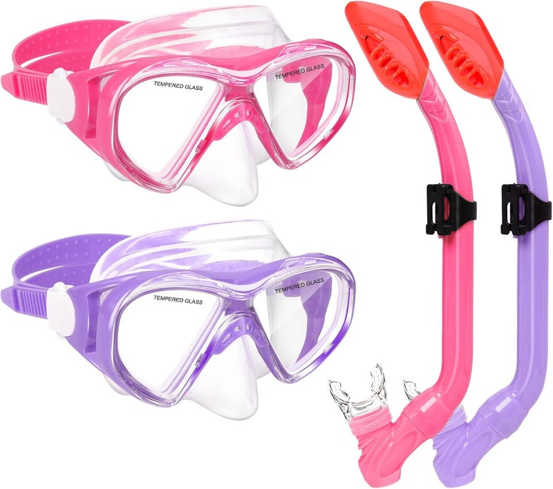 ACQCES 2 Sets Snorkeling Gear for Kids, Kids Snorkel Set for Ages 6-14, Dry Top Snorkel Mask Set for Youth Boys Girls Junior, Tempered Glass Diving Swimming Mask Goggles - Image 1
